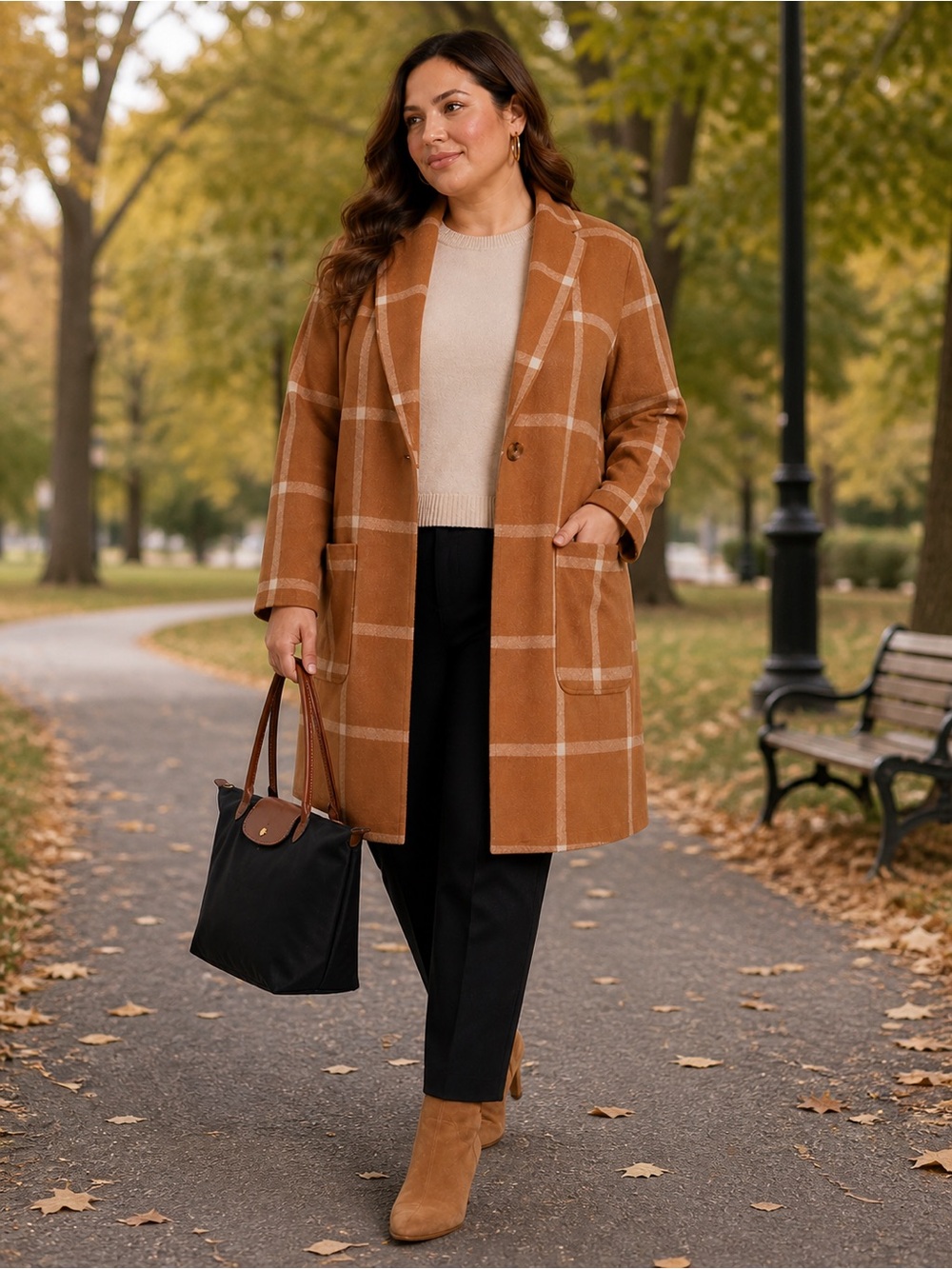 Womens Camel Plaid Single-Button Coat